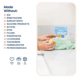 Stain Stick: cruelty free, made without sls, dimethicone, silicone, glycol, phosphates, formaldehyde, petrochemicals.
