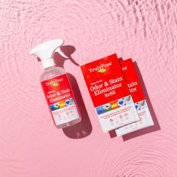 Truly Free Home Odor & Stain Eliminator bottle and 2 refill packs.