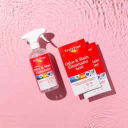 Truly Free Home Odor & Stain Eliminator bottle and 2 refill packs.